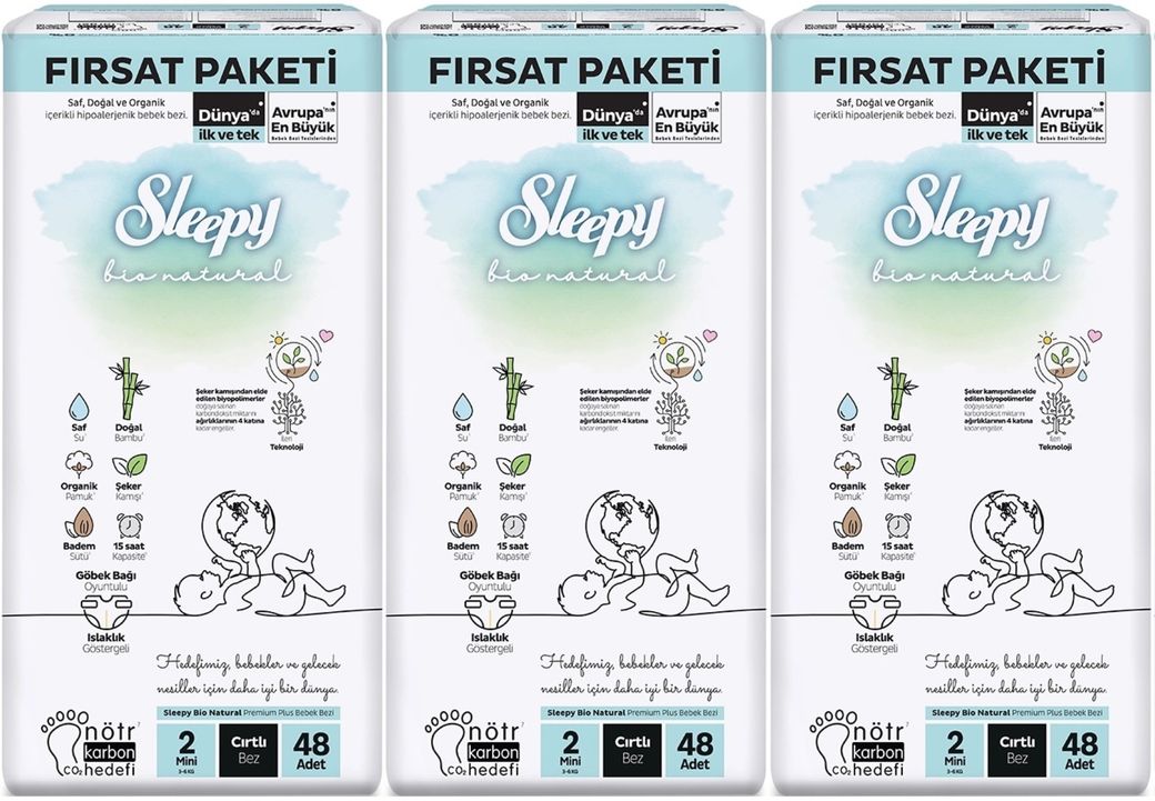 Bebek Bezi Bio Natural Beden:2 (3-6KG) Mini 144 Adet Aylık Fırsat Pk