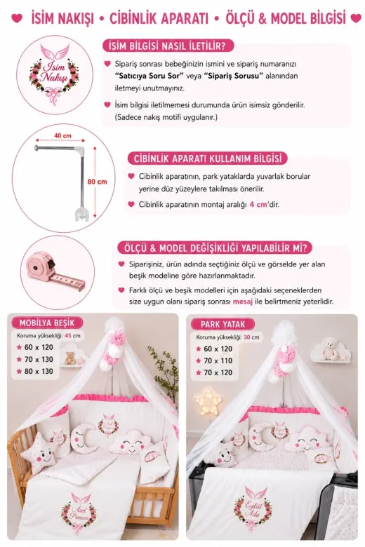 bebek_iklimi FIRKORUSN-1 70X110 Park Yatak Bebek Uyku Seti - İsimli Nakışlı Fırfırlı Cibinlikli 18 Parça