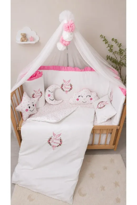 bebek_iklimi FIRKORUSN-1 70X130 Kız Bebek Uyku Seti - İsimli Nakışlı Cibinlikli Kenar Korumalı 17 Parça