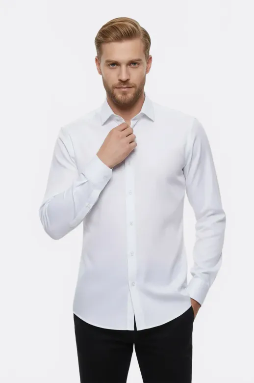 Beyaz Kendinden Desenli Uzun Kol Slim Fit Gömlek - Wessi - XXL / Beyaz