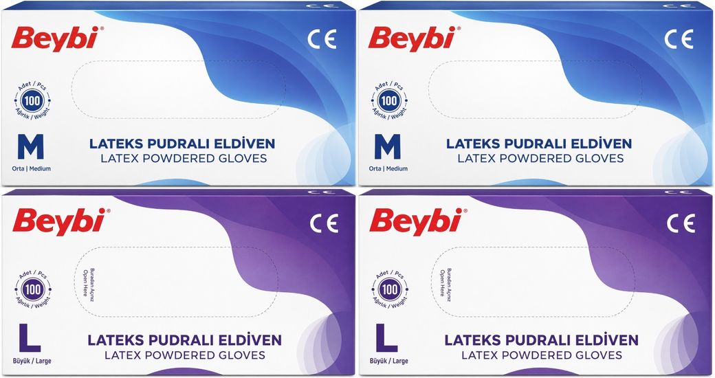 Beybi Lateks Pudralı Muayene Eldiveni M - Medium - Orta / L - Large - Büyük Karma 400 Lü Set
