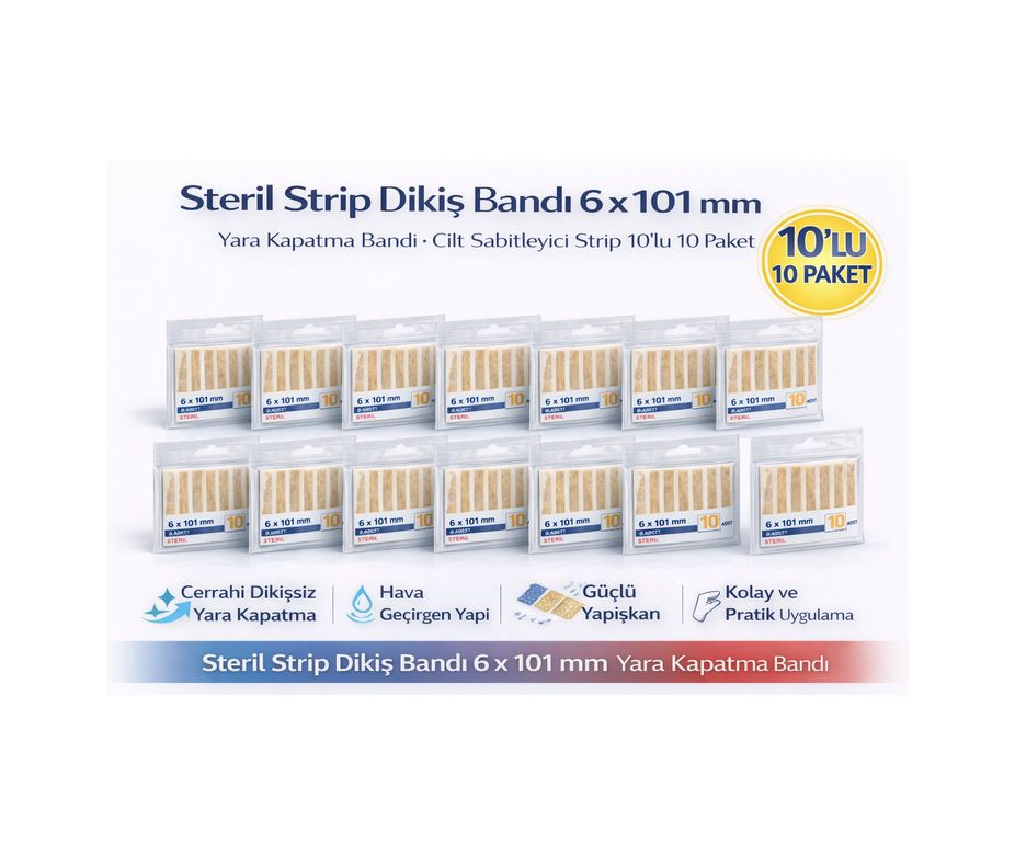 Bezos 122064062 Steril Strip Dikiş Bandı 6 X 101 Mm Yara Kapatma Bandı Cilt Sabitleyici Strip 10Lu 10 Paket