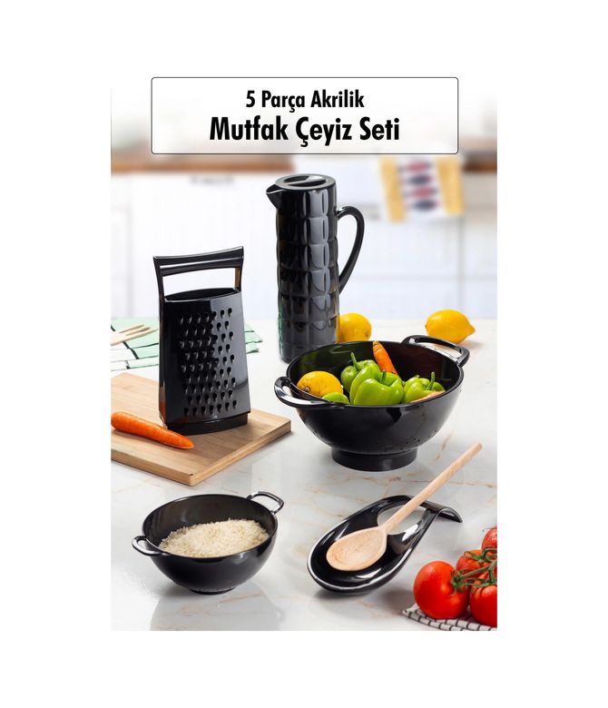 BiiShe 3NzgyODkzMDExNg-BLNC Akrilik Siyah 5 Parça Sürahi & Rende & Süzgeç & Mini Süzgeç & Kaşıklık & Mutfak Çeyiz Seti Siyah