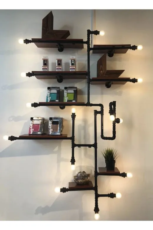 Blbndesign RafNo435 Dekoratif Duvara Borudan Raf Ve Aydınlatma Lambader
