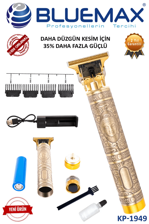 Bluemax Kp-1949 Suya Dayanıklı Şarj Göstergeli Budha Desenli Tıraş Makinesi