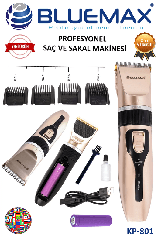 Bluemax Kp-801 Profesyonel Şarj Edilen Pilli Saç Sakal Tıraş Makinesi
