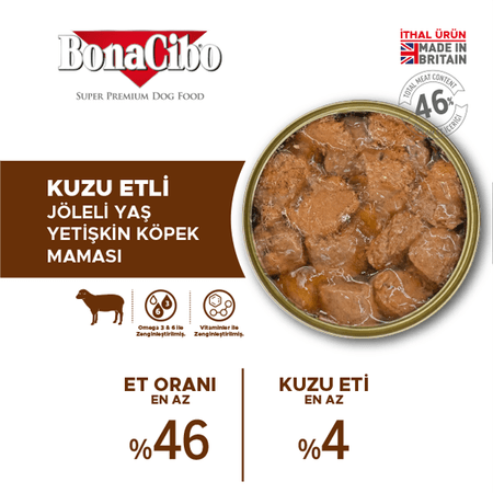 BonaCibo köp35404054 Jöleli Kuzu Etli Yaş Yetişkin Köpek Maması Yetişkin Köpekler Için Tam Yaş Mama 400 Gr X 12 Adet