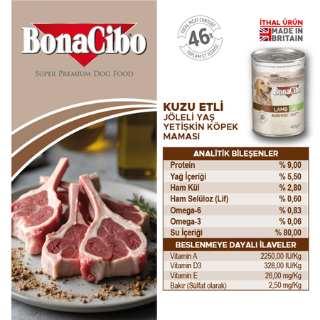 BonaCibo köp35404054 Jöleli Kuzu Etli Yaş Yetişkin Köpek Maması Yetişkin Köpekler Için Tam Yaş Mama 400 Gr X 12 Adet