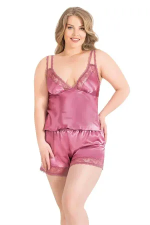 Büyük Beden Gül Kurusu Saten Babydoll Şort Takımı