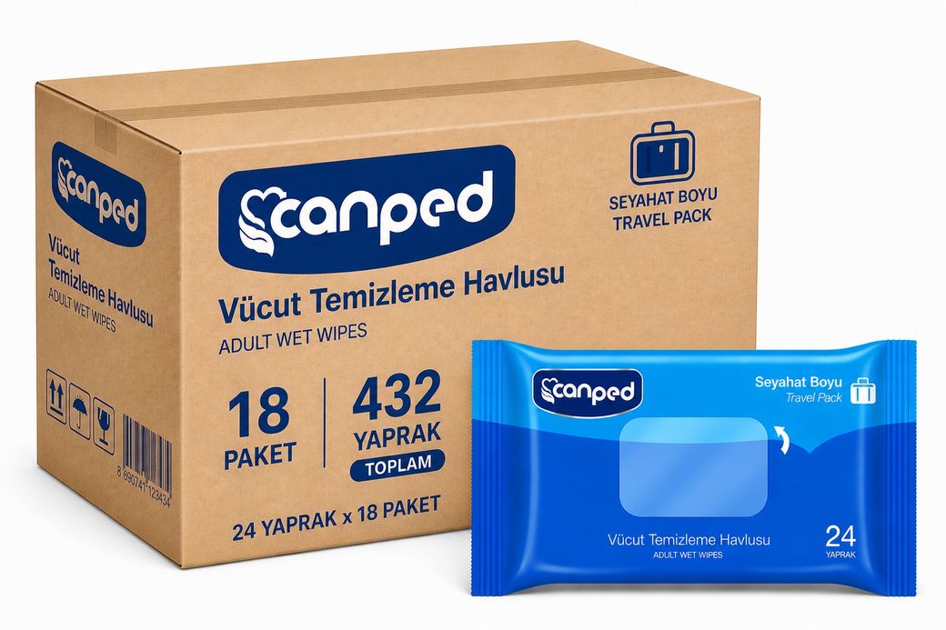 Canped Yetişkin Vücut Temizleme Islak Mendil Havlu 24 Yaprak Seyahat Boy 18 Li Set  (432 Yaprak)