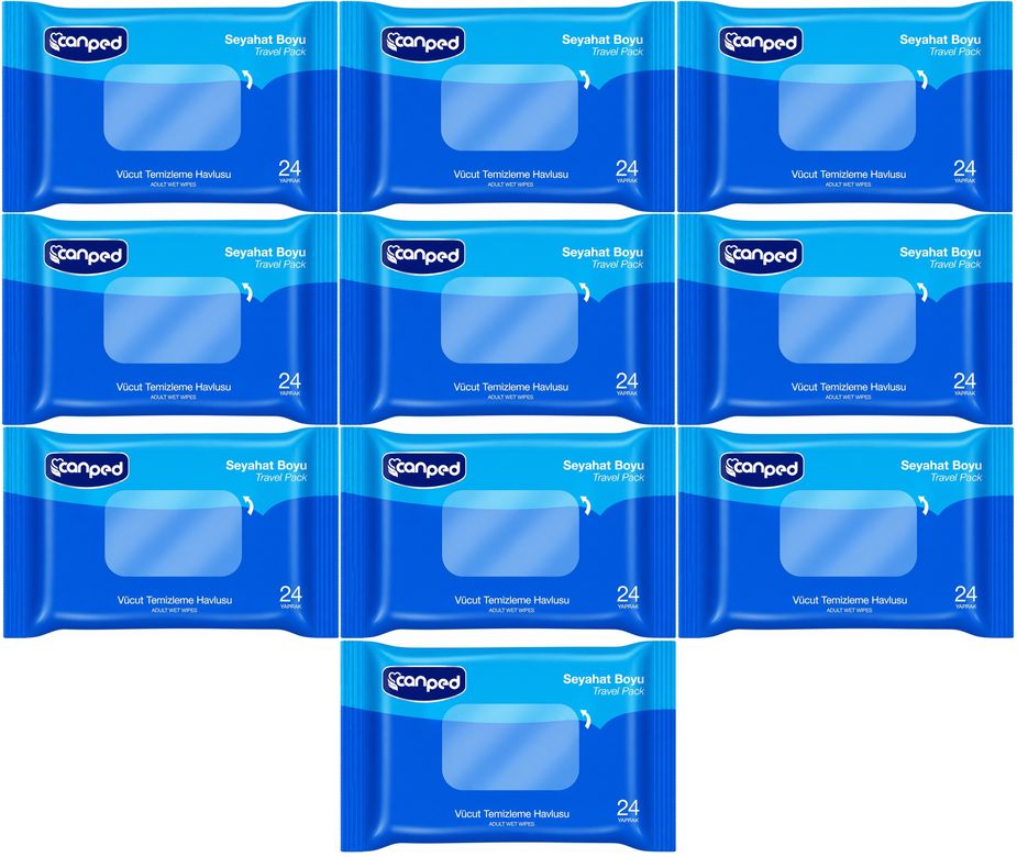 Canped Yetişkin Vücut Temizleme Islak Mendil Havlu 24 Yaprak Seyahat Boy 10 Lu Set (240 Yaprak)