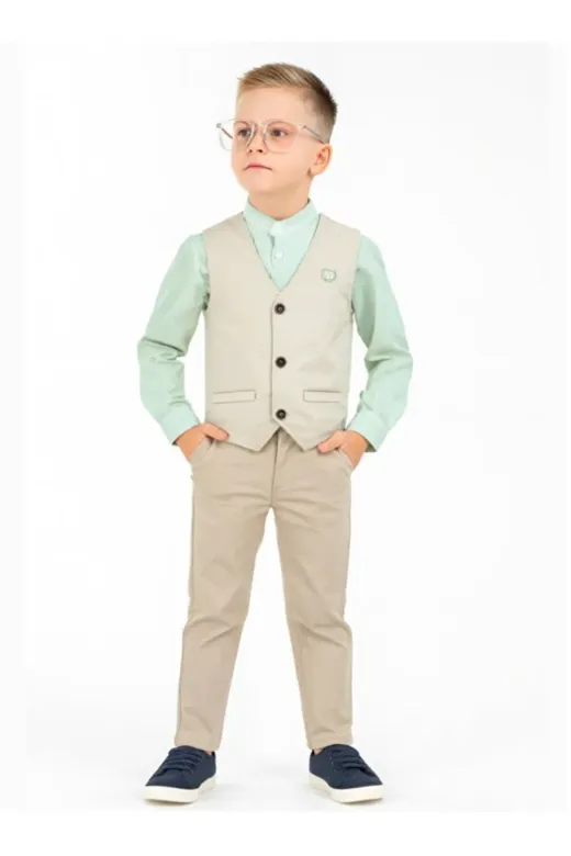 Casabony 3'lü Set Erkek Çocuk Gabardin Yelek & Pantolon & Dokuma Gömlek