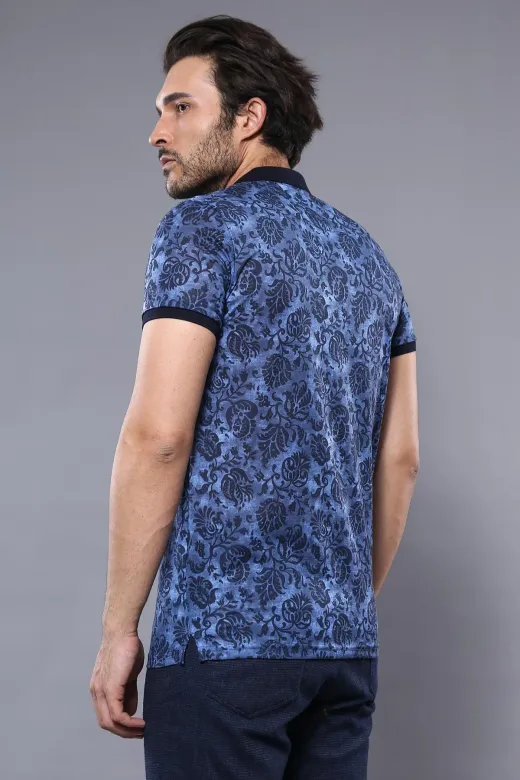 Çiçek Desenli Mavi Polo Yaka T-shirt | Wessi
