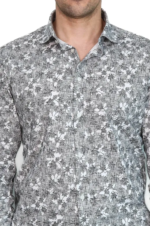 Çiçek Desenli Slim Fit Koyu Gri Erkek Gömlek - Wessi - S / Siyah