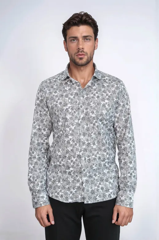 Çiçek Desenli Slim Fit Koyu Gri Erkek Gömlek - Wessi - S / Siyah