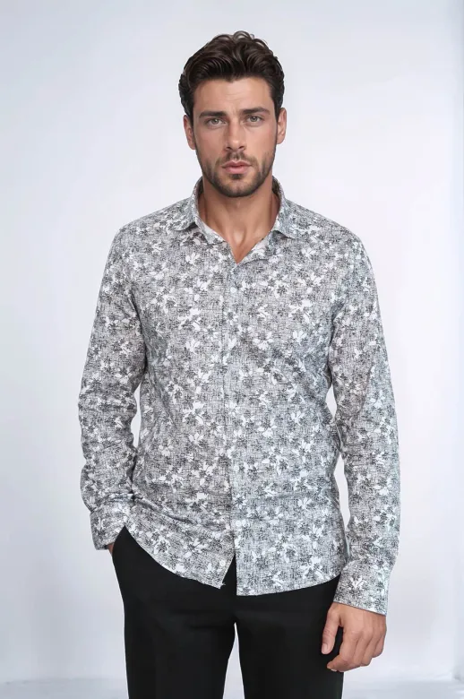 Çiçek Desenli Slim Fit Koyu Gri Erkek Gömlek - Wessi - XXL / Siyah