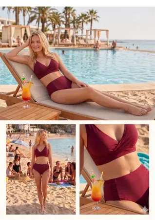 Closet Şık Tasarım Burgulu Hızlı Kuruyan Bordo Yüksek Bel Bikini Takımı