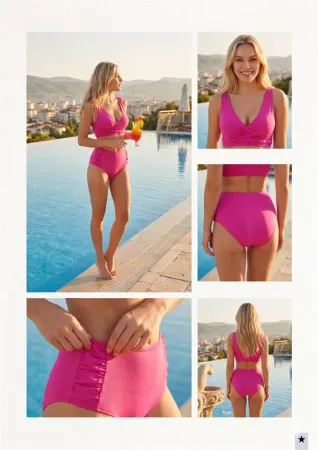Closet Şık Tasarım Burgulu Hızlı Kuruyan Pembe Yüksek Bel Bikini Takımı