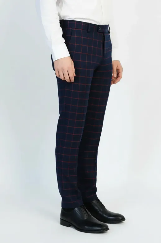 Dar Kesim Ekose Desenli Lacivert Erkek Pantolon - Wessi