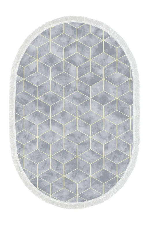 Dekoreko 627MK1-2 Kaymaz Taban Djt Mutfak Halısı Trend Saçaklı Oval Modern 627M Mavi