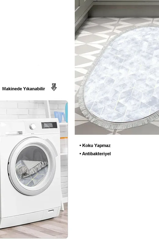 Dekoreko 627MK1-2 Kaymaz Taban Djt Mutfak Halısı Trend Saçaklı Oval Modern 627M Mavi