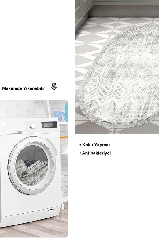 Dekoreko F5083P1-2 Kaymaz Taban Djt Mutfak Halısı Star Pamuk Saçaklı Oval Iskandinav F5083 Gri