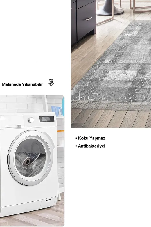 Dekoreko F5132P1-8 Kaymaz Taban Djt Mutfak Halısı Star Pamuk Saçaklı Iskandinav F5132 Gri
