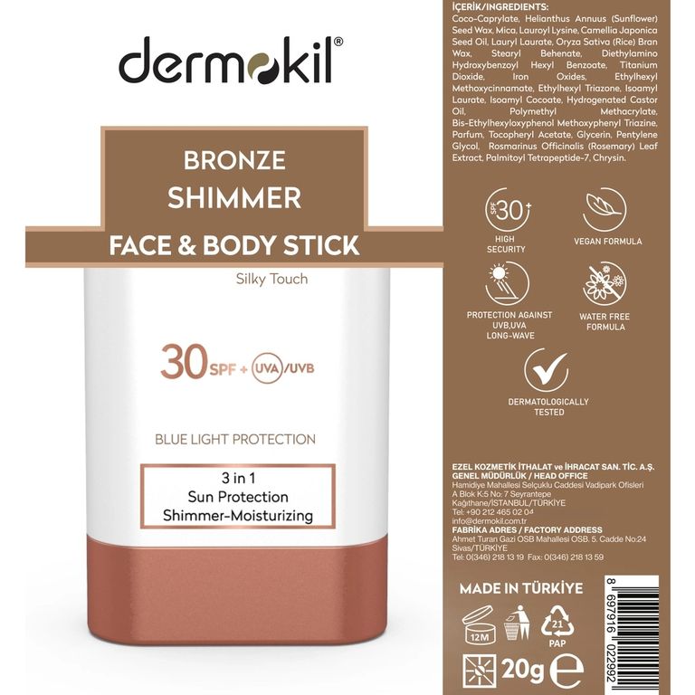 Dermokil 10211514 Bronz Shimmer Spf30 Yüz & Vücut Stick Krem 20 Gr