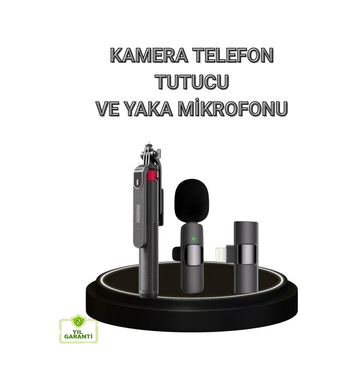 Diğer 125029408 Mey İthalat Vlog Ve Canlı Yayın İçin Çift Yaka Mikrofonu Ve Tripodlu Selfie Çubuğu Seti
