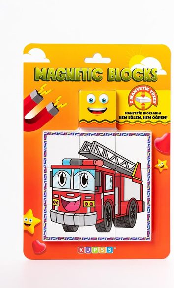 Diğer 128858770 Manyetik Blok Çift Taraflı 9 Parçalı Mıknatıslı İtfaiye - Traktör Puzzle - 2 Görsel Yapboz
