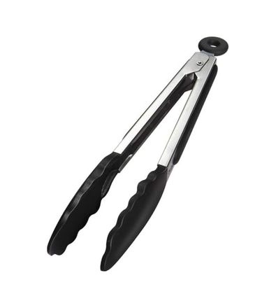 Diğer 131573558 Siyah Silikon Uçlu Mutfak Maşası - 23 Cm, Asma Kilit Sistemli Paslanmaz Çelik Sap, Kolay Kavrama, Mangal, Salata, Makarna, Barbekü, Kamp İçin Uygun Açık Gri
