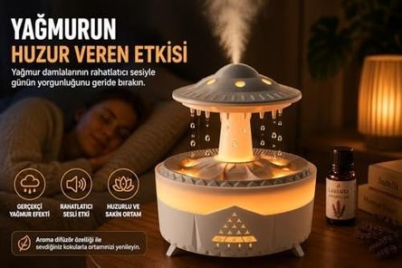 Diğer 131740209 Yağmur Efektli Hava Nemlendirici Ultrasonik Buhar, Sessiz Çalışma, 7 Renk Led Işık, Zaman Ayarlı 2H/4H/8H , Otomatik Kapanma, Aromaterapi Uyumlu