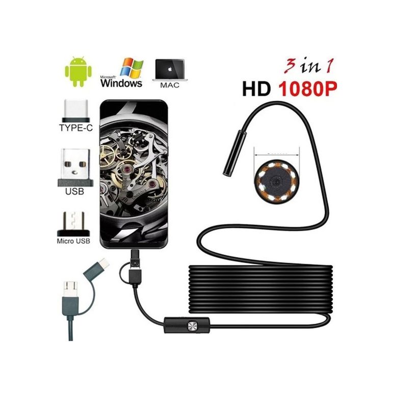 Diğer 55EM-EM-Endeskop 20m Endoskop 3 İn 1 Yılan Kamera Usb Micro Usb Type-C 20 Metre Sert Kablo