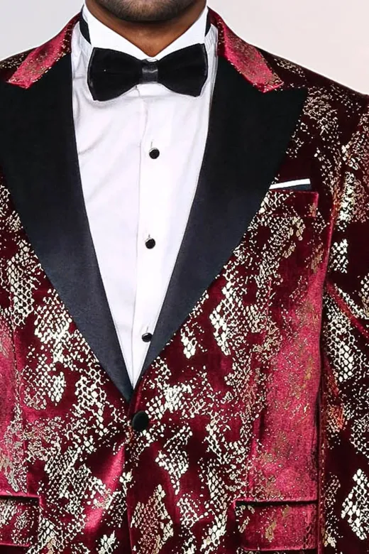 Dik Yaka Slim Fit Altın Desenli Bordo Balo Ceket - Wessi