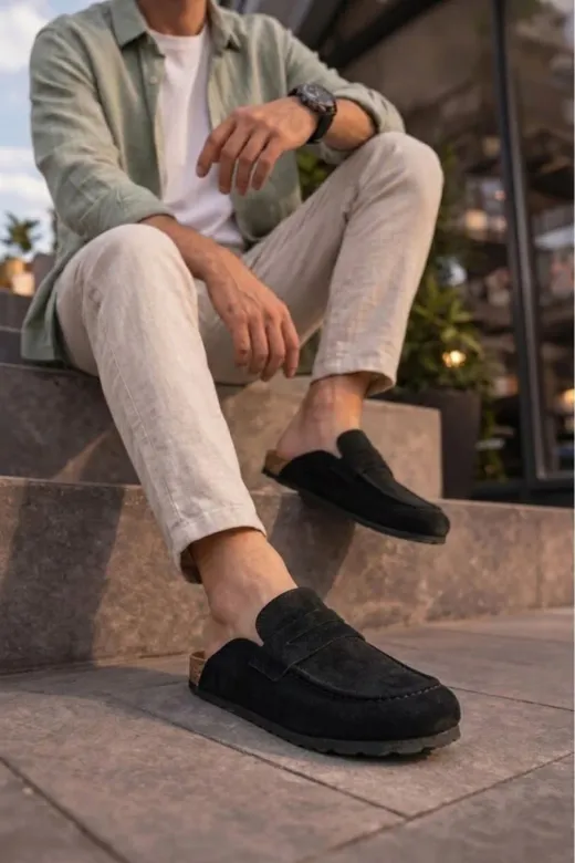DMR Elegance AYK-BYJOY-JY73849305713 Jy0456 Rayn Bağcıksız Hakiki Süet Deri Erkek Günlük Mantar Taban Loafer Klasik Ayakkabı Hdmt - Siyah