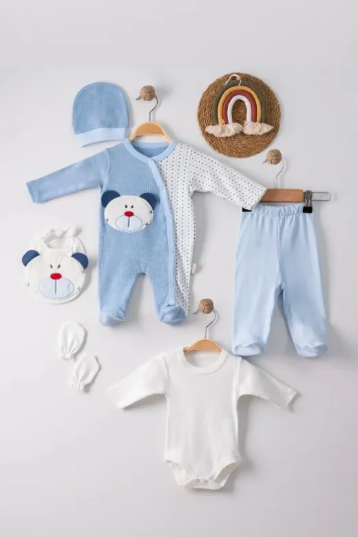 DMR Elegance DMR-BABY-BBYXML-2023020240001 Ayıcık Nakışlı Tulumlu % 100 Pamuk Erkek Bebek 5'li Set