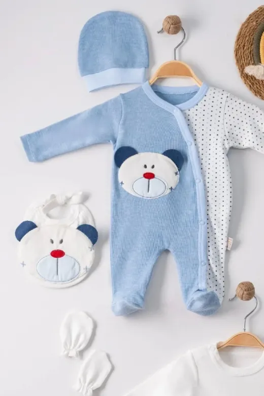 DMR Elegance DMR-BABY-BBYXML-2023020240001 Ayıcık Nakışlı Tulumlu % 100 Pamuk Erkek Bebek 5'li Set