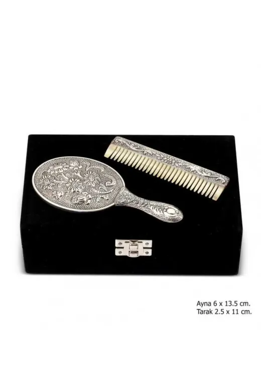 DMR Elegance DMR-GMSH-BRKD-KR2550045 Papatya Motifli Ayna Tarak Gümüş Set