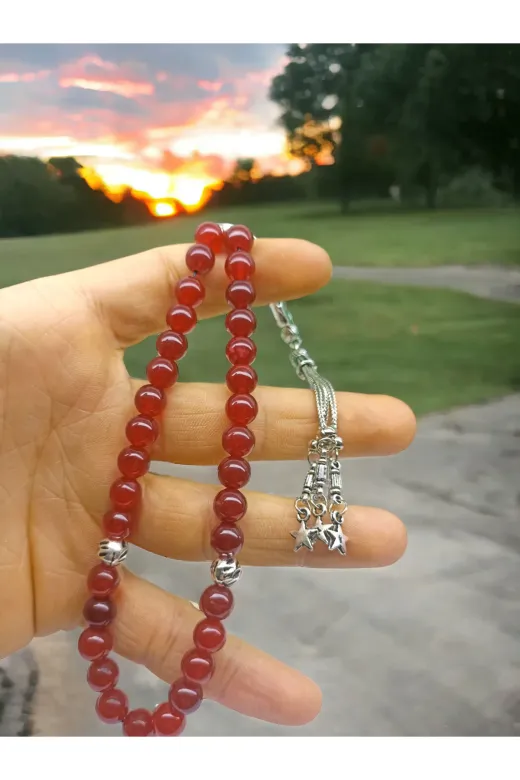 DOĞAL TAŞ CENNETİ TESBİH7 Doğal Taş Kizil  Akik Tesbih(Gümüş Kaplama)(Sertifikali Özel Kutusunda)