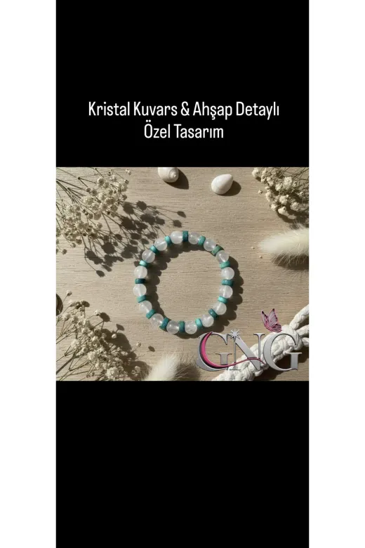Doğaltaş GNGBH26839 Gng Silver Kristal Kuvars Doğal Taş & Ahşap Boncuklu Özel Tasarım Bileklik -Boho Tarz