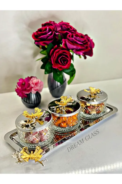 Dream glass DRAJELİK 3'lü Tepsili Drajelik & Sunumluk & Baharatlik Takimi
