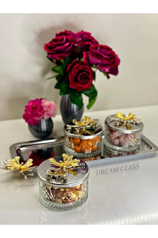 Dream glass DRAJELİK 3'lü Tepsili Drajelik & Sunumluk & Baharatlik Takimi