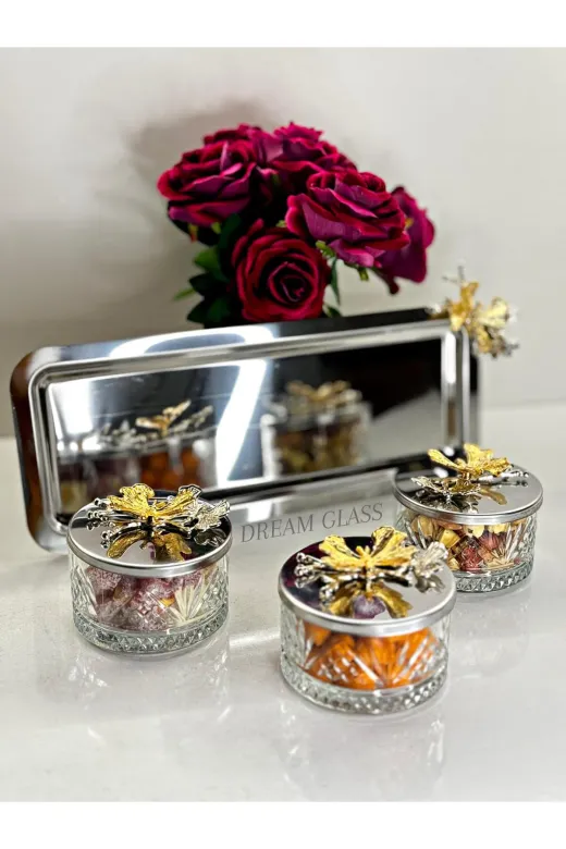 Dream glass DRAJELİK 3'lü Tepsili Drajelik & Sunumluk & Baharatlik Takimi