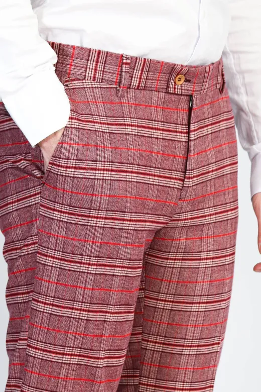 Ekose Desenli Slim Fit Bordo Erkek Pantolon - Wessi