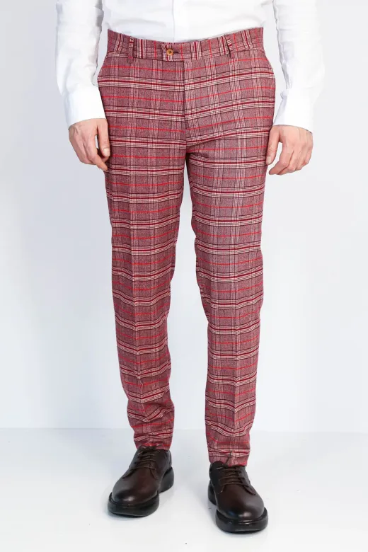 Ekose Desenli Slim Fit Bordo Erkek Pantolon - Wessi