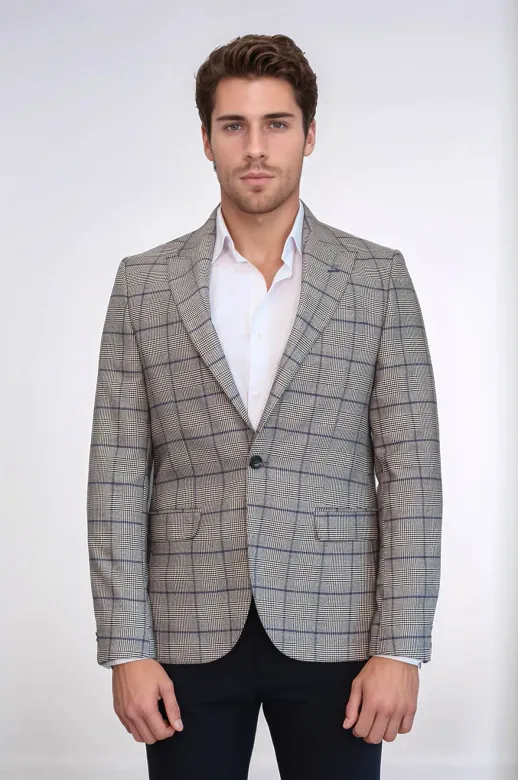 Ekose Slim Fit Bej Erkek Ceket - Wessi