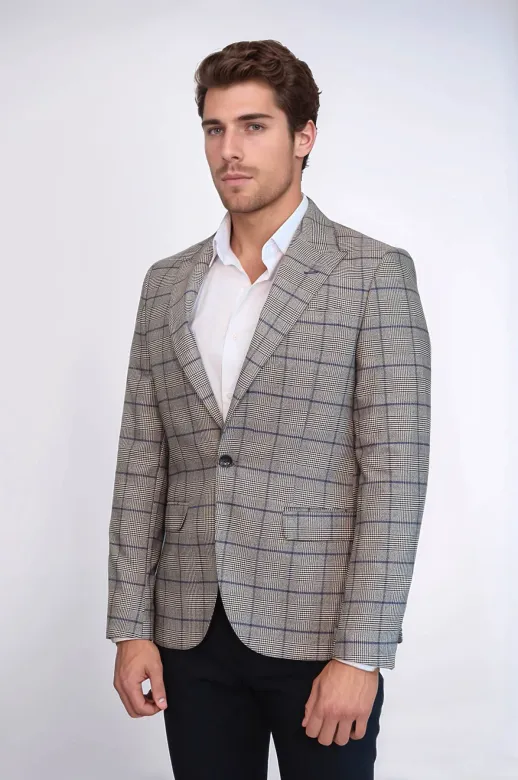 Ekose Slim Fit Bej Erkek Ceket - Wessi