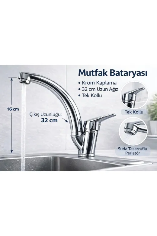 enpres EVYE-32-01 Tek Kollu Eviye Bataryası Krom Görünümlü 32 Cm