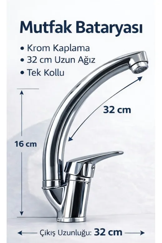 enpres EVYE-32-01 Tek Kollu Eviye Bataryası Krom Görünümlü 32 Cm