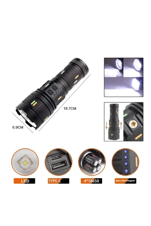 Epilons klt8912733115772 Pro F-3001 Alüminyum Tg Led Güç Göstergeli Type-C Şarjlı El Feneri 100 W